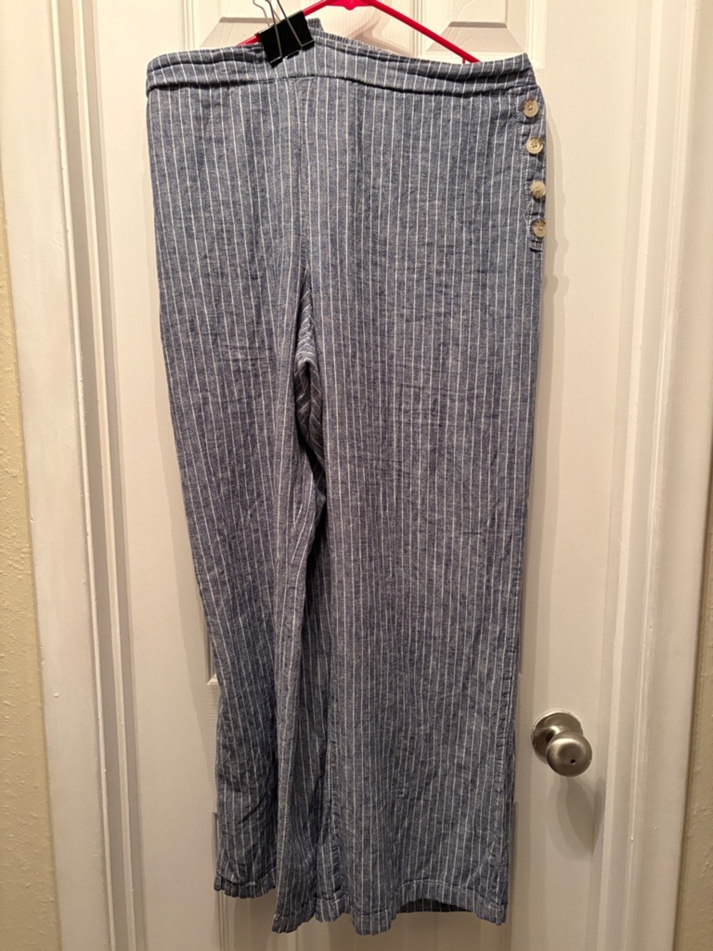 Cato Blue and White Pinstripe Wide-Leg Pants side button detail